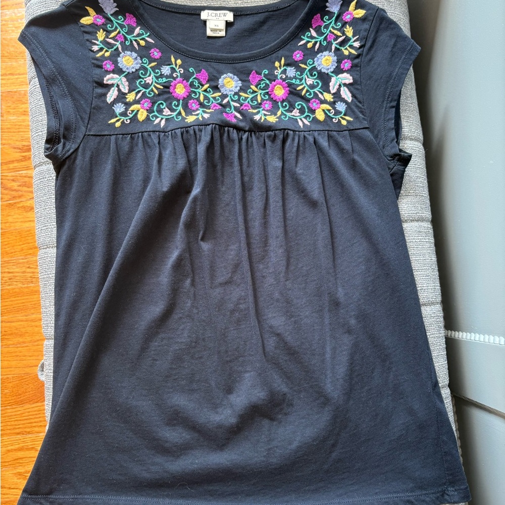 J. Crew Blue Short Sleeve Tee with Floral Embroidery